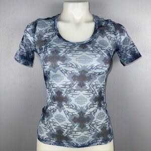 NWT Harley Davidson Shirt Top XS Blue Sheer Mesh Short Sleeve Cross Design Logo